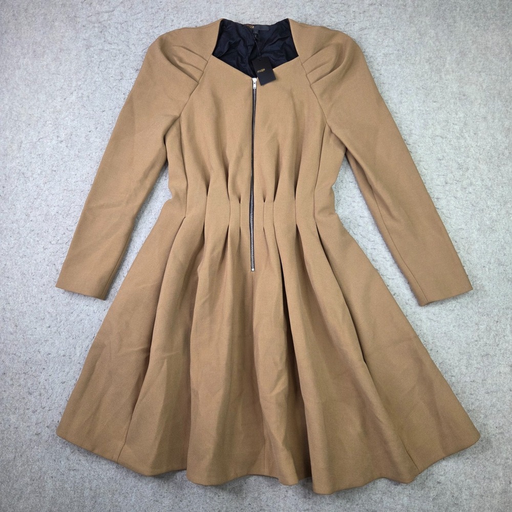 Maje Structured Fit and Flare Camel Dress Womens Size 3 Pleated Tan NEW